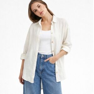 Flax Linen Button Up Shirt Long Lagenlook Cream Size XL Natural Neutral Travel